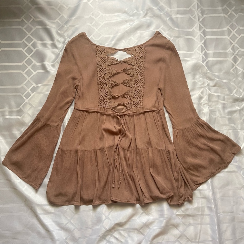 Noble U Lace Trim Bell Sleeve Peplum Top Brown Women's Small